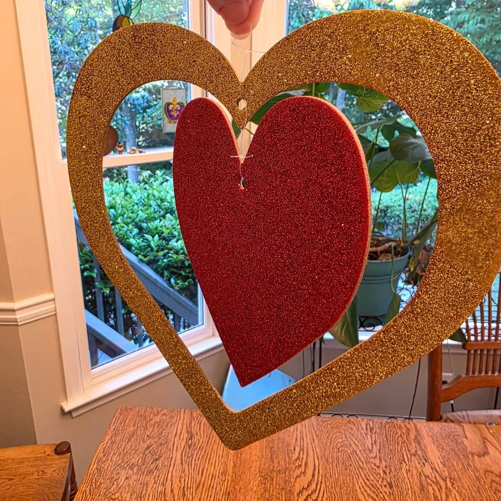 Vintage 90s 2 Glitter Hanging Hearts Valentines Day Decor Red Gold Pink‎ 10x11in